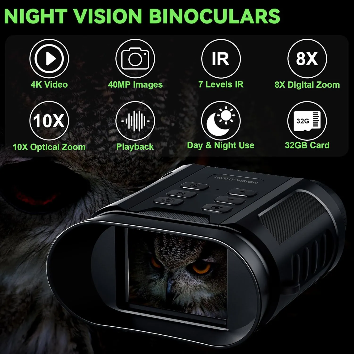 WONGKUO Night Vision Goggles - 5W Upgraded 4K HD IR Binoculars - 8X Digital Zoom, Rechargeable Binoculars with Camera Built in, 32GB Card to Save Photos and Videos, Flashlight for Camping Hunting