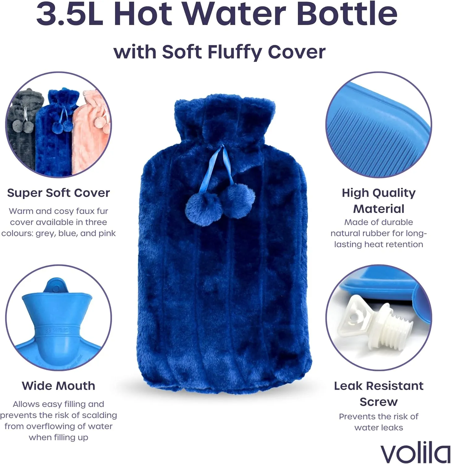 XXX-Large Hot Water Bottle with Cover - 3.5L Blue Hot Water Bag for Pain Relief - 118Fl Oz Extra Large Washable Soft Faux Fur, Big Hot Water Pack for Sore Muscles, Period Cramps, Hot and Cold Compress