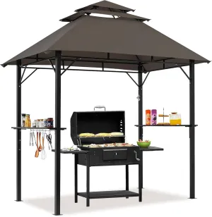 Yaheetech 8x5' Grill Gazebo, 3-Tier Outdoor BBQ Gazebo with Height-Adjustable Shelves & 10 S-Shaped Hooks & Built-in Bottle Opener, Brown
