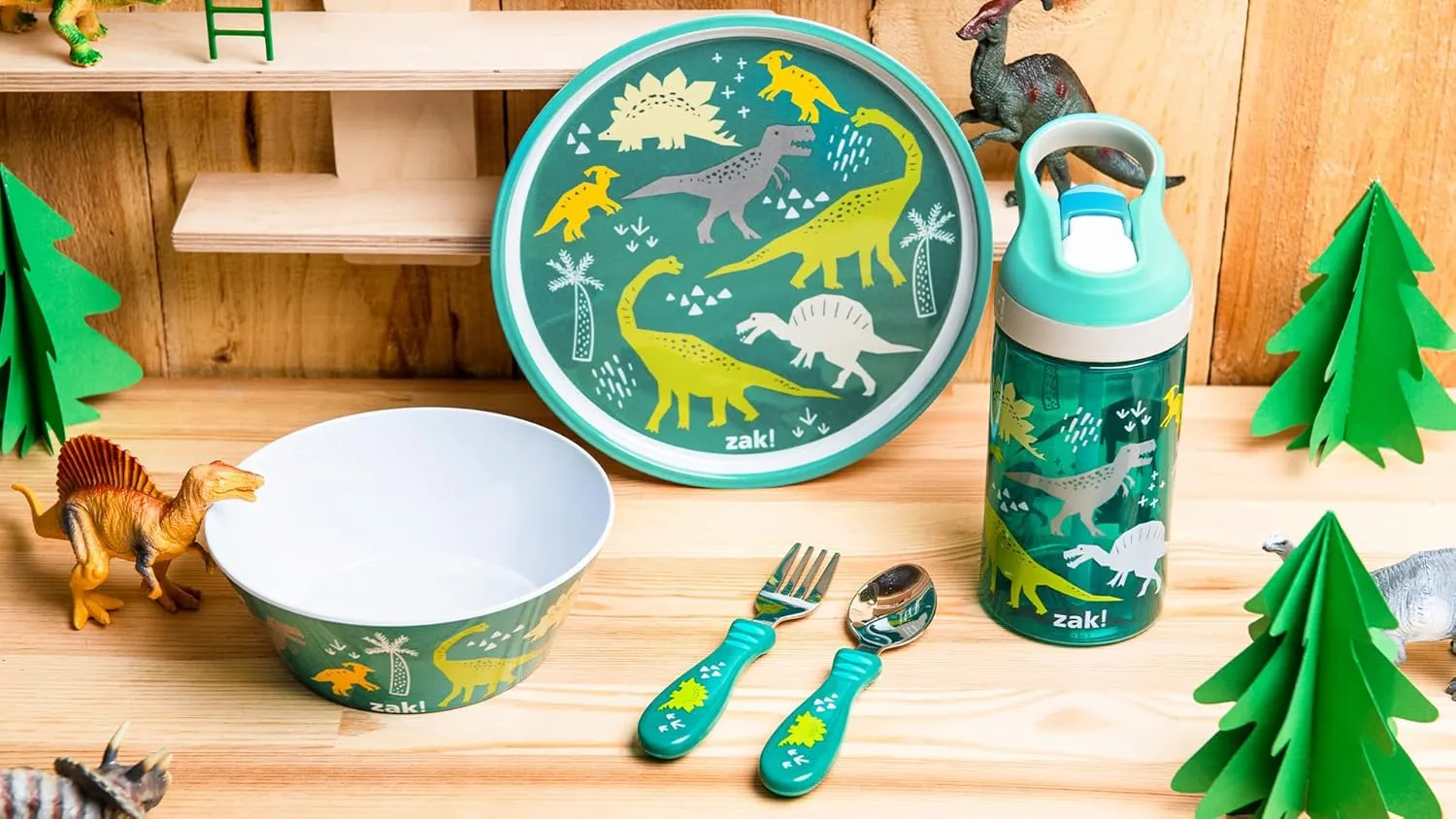 Zak Designs 5-Piece Dinnerware Set, Dinosaur - Durable Plastic & Stainless Steel - Includes Water Bottle, 8-Inch Plate, 6-Inch Bowl, Fork & Spoon - Suitable for Kids Ages 3 