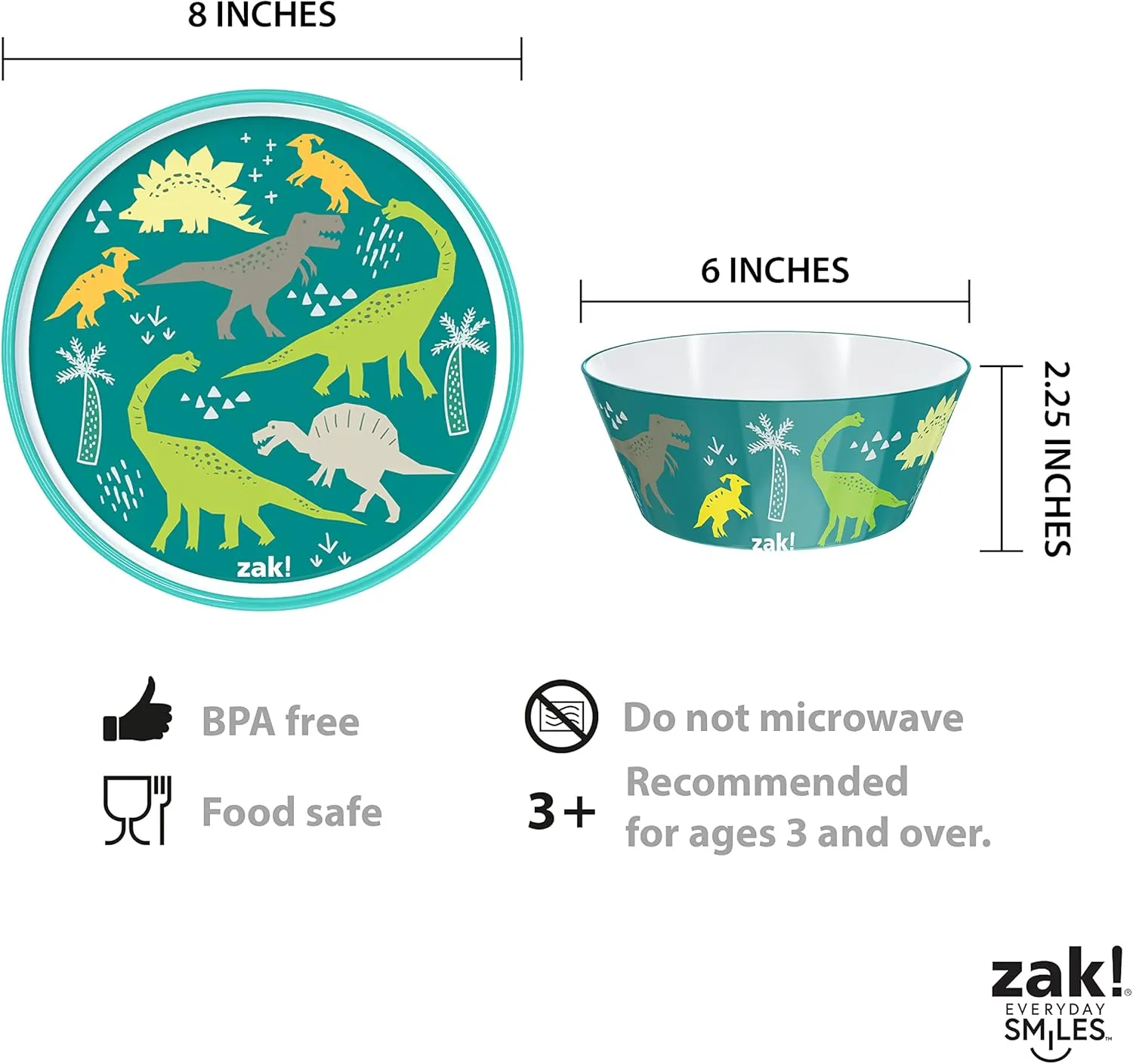 Zak Designs 5-Piece Dinnerware Set, Dinosaur - Durable Plastic & Stainless Steel - Includes Water Bottle, 8-Inch Plate, 6-Inch Bowl, Fork & Spoon - Suitable for Kids Ages 3 