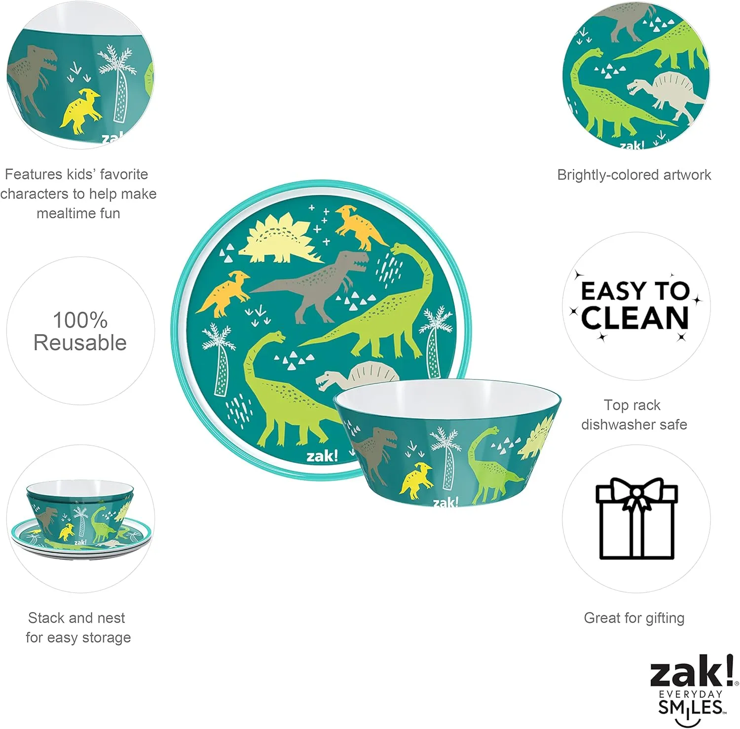 Zak Designs 5-Piece Dinnerware Set, Dinosaur - Durable Plastic & Stainless Steel - Includes Water Bottle, 8-Inch Plate, 6-Inch Bowl, Fork & Spoon - Suitable for Kids Ages 3 