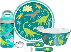 Zak Designs 5-Piece Dinnerware Set, Dinosaur - Durable Plastic & Stainless Steel - Includes Water Bottle, 8-Inch Plate, 6-Inch Bowl, Fork & Spoon - Suitable for Kids Ages 3 