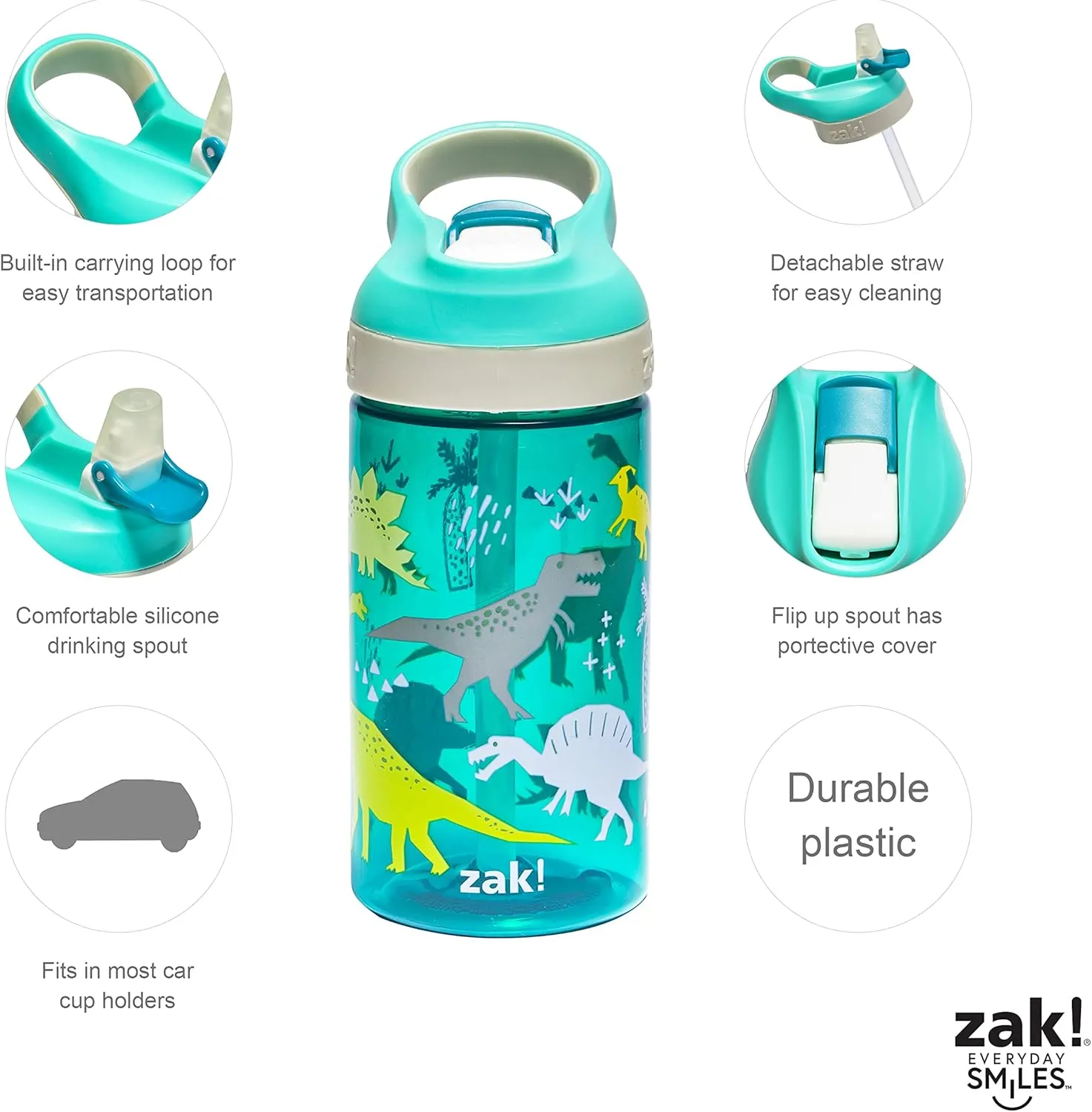 Zak Designs 5-Piece Dinnerware Set, Dinosaur - Durable Plastic & Stainless Steel - Includes Water Bottle, 8-Inch Plate, 6-Inch Bowl, Fork & Spoon - Suitable for Kids Ages 3 