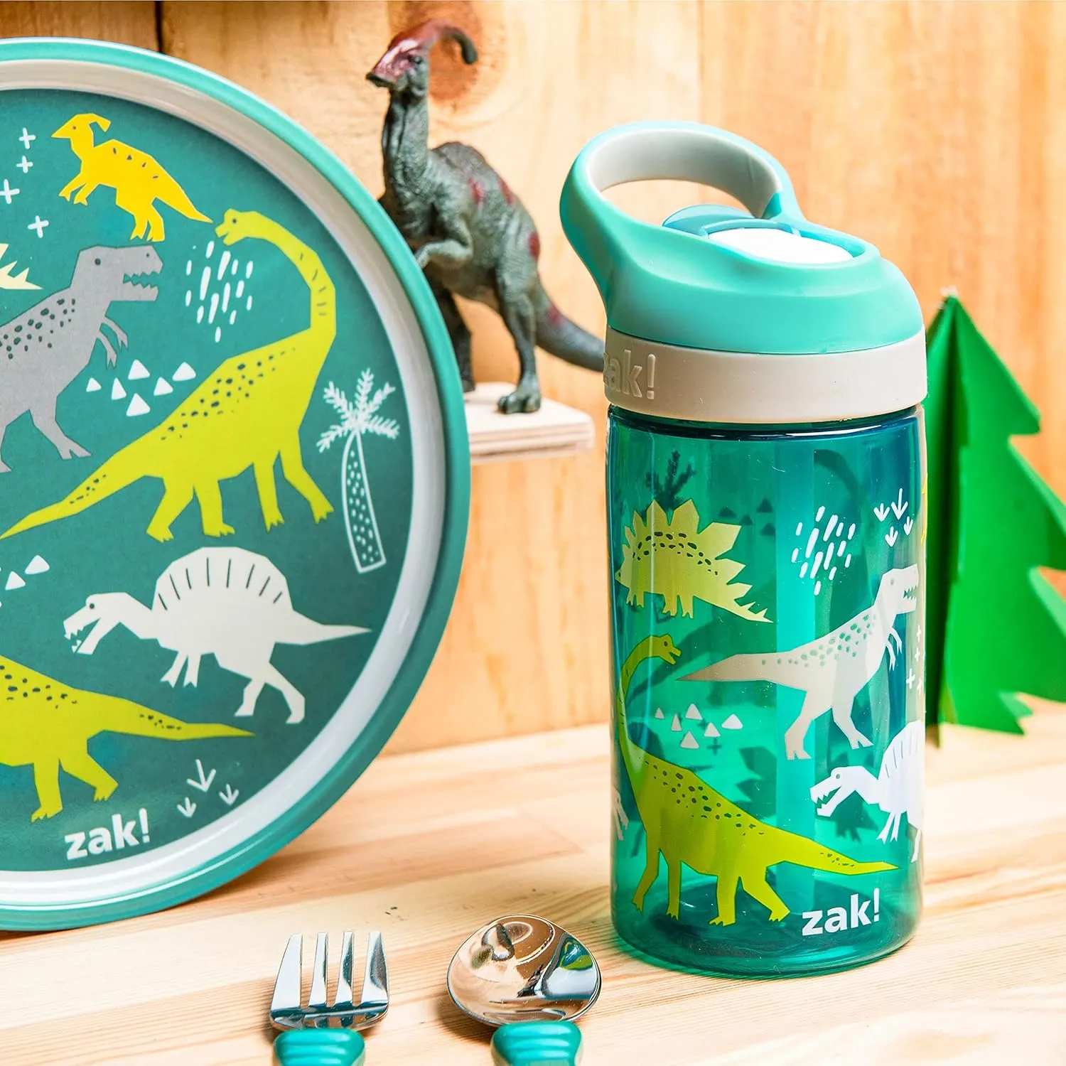 Zak Designs 5-Piece Dinnerware Set, Dinosaur - Durable Plastic & Stainless Steel - Includes Water Bottle, 8-Inch Plate, 6-Inch Bowl, Fork & Spoon - Suitable for Kids Ages 3 