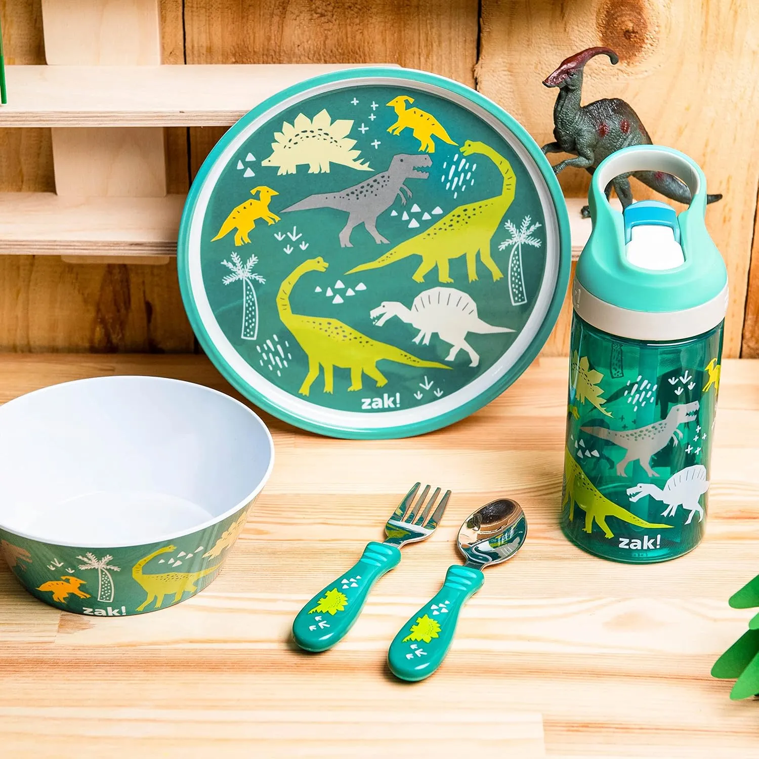 Zak Designs 5-Piece Dinnerware Set, Dinosaur - Durable Plastic & Stainless Steel - Includes Water Bottle, 8-Inch Plate, 6-Inch Bowl, Fork & Spoon - Suitable for Kids Ages 3 