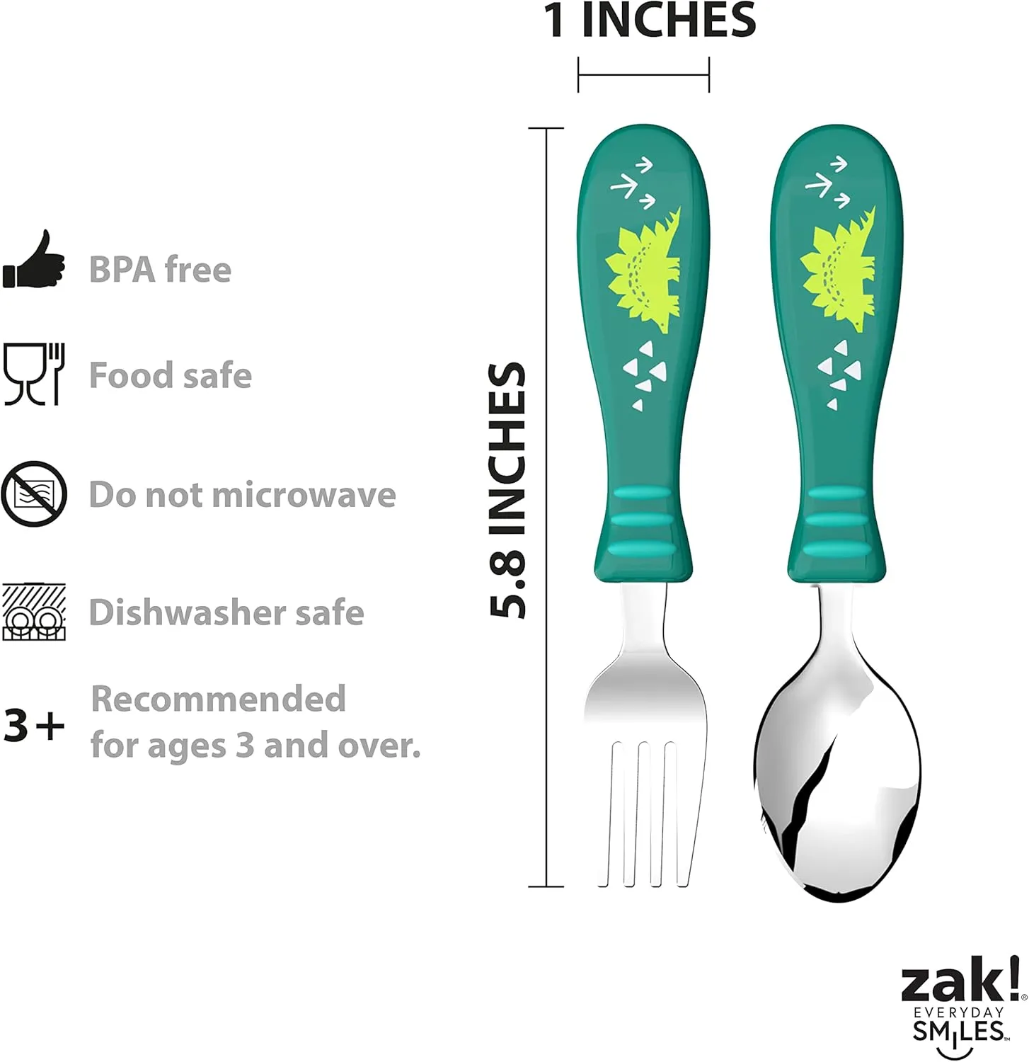 Zak Designs 5-Piece Dinnerware Set, Dinosaur - Durable Plastic & Stainless Steel - Includes Water Bottle, 8-Inch Plate, 6-Inch Bowl, Fork & Spoon - Suitable for Kids Ages 3 