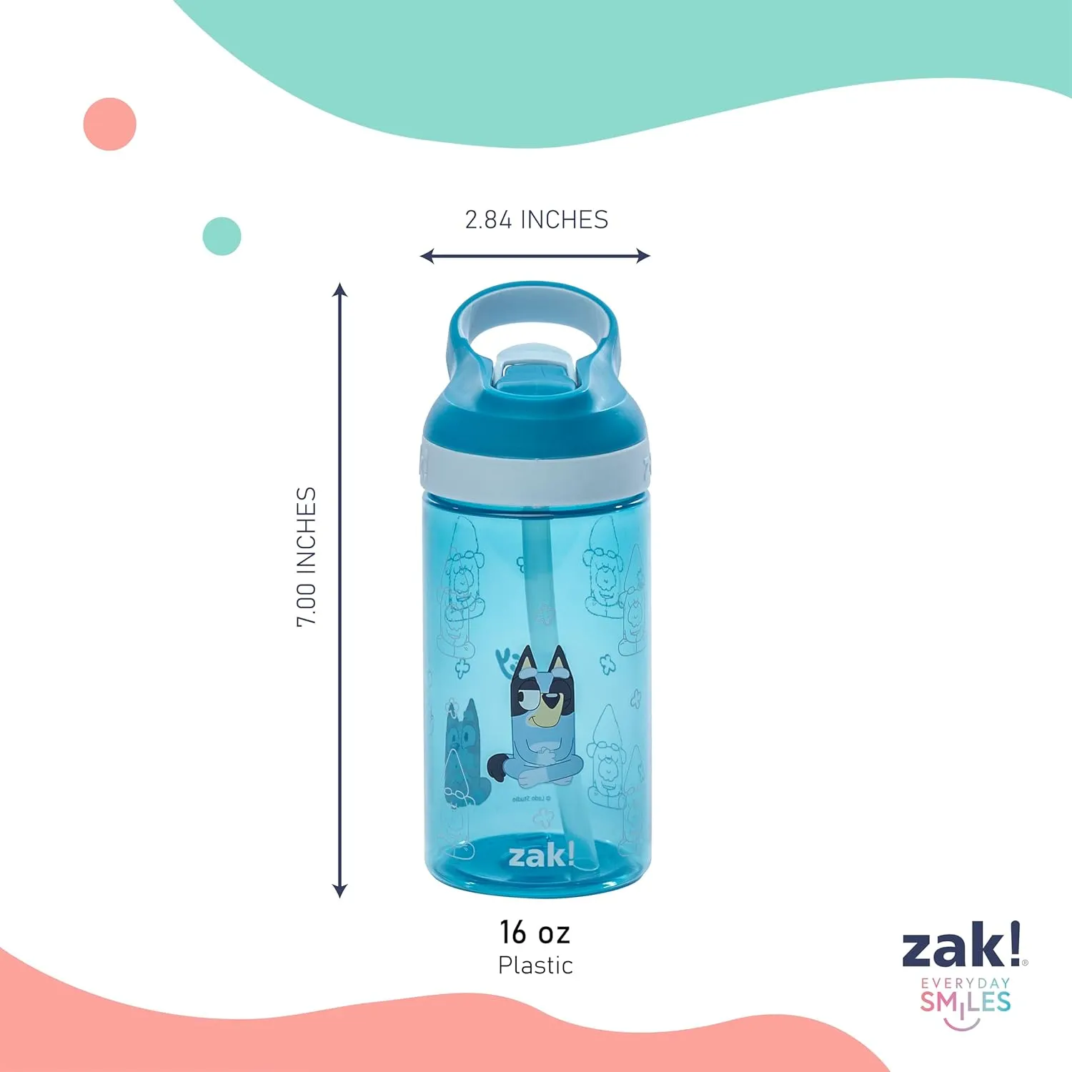 Zak Designs Bluey Atlantic Kids Water Bottle For School or Travel, 16oz Durable Plastic Water Bottle With Straw, Handle, and Leak-Proof, Pop-Up Spout Cover, 2-Pack (Bluey, Bingo)