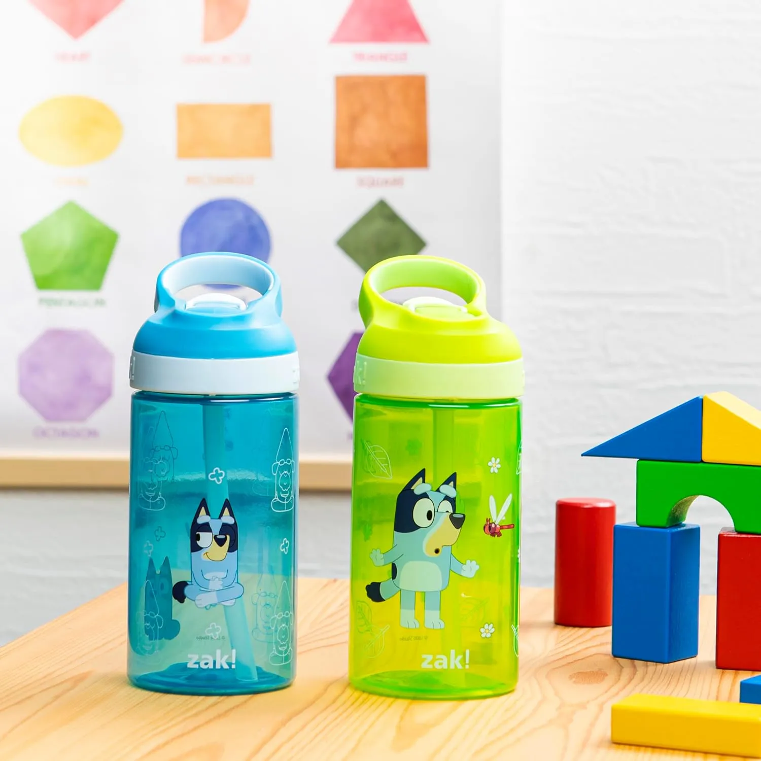 Zak Designs Bluey Atlantic Kids Water Bottle For School or Travel, 16oz Durable Plastic Water Bottle With Straw, Handle, and Leak-Proof, Pop-Up Spout Cover, 2-Pack (Bluey, Bingo)