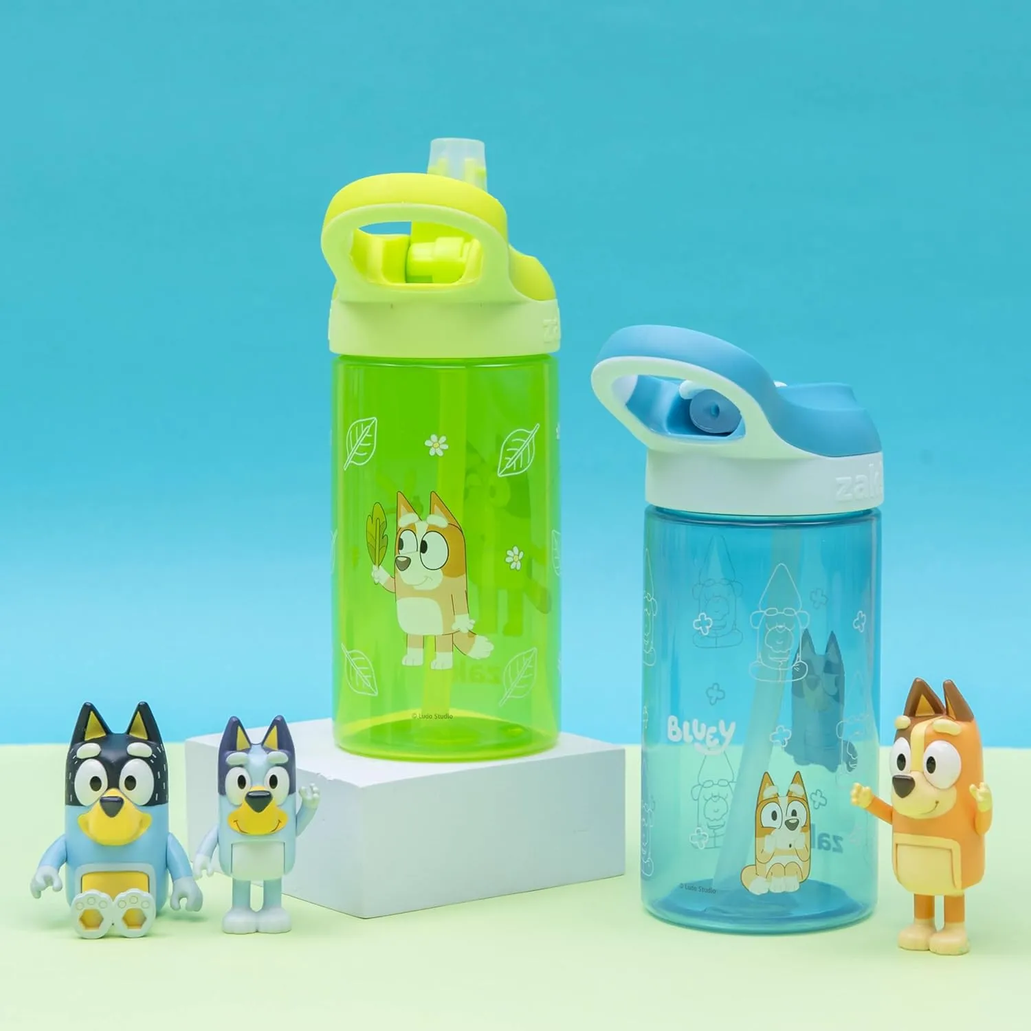 Zak Designs Bluey Atlantic Kids Water Bottle For School or Travel, 16oz Durable Plastic Water Bottle With Straw, Handle, and Leak-Proof, Pop-Up Spout Cover, 2-Pack (Bluey, Bingo)