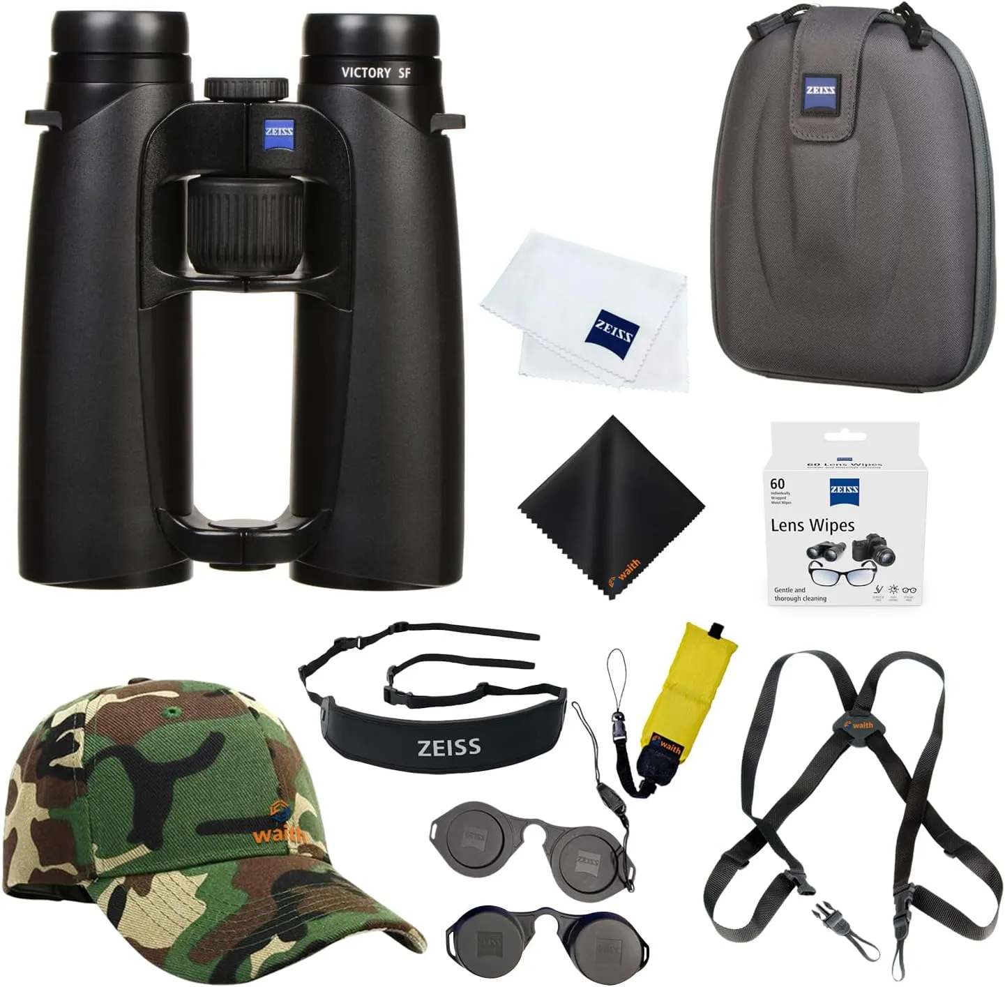 Zeiss 8x42 Victory SF Binoculars for Bird Watching (Black) with Waith Harness Strap, Waith Camo Baseball Hat, Waith Cleaning Cloth, Zeiss Lens Wipes Box and Waith Floating Strap (Yellow) (Bundle Set)