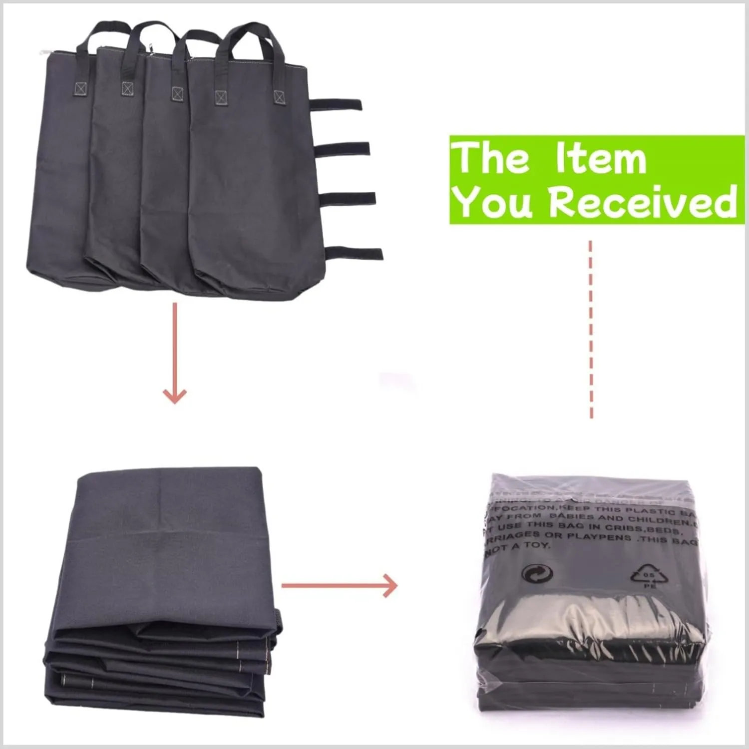 Zipper Top Sand Bags for Canopy Legs (Without Sand), Sandbags for Weight Set of 4 (Black, 160 LBS)