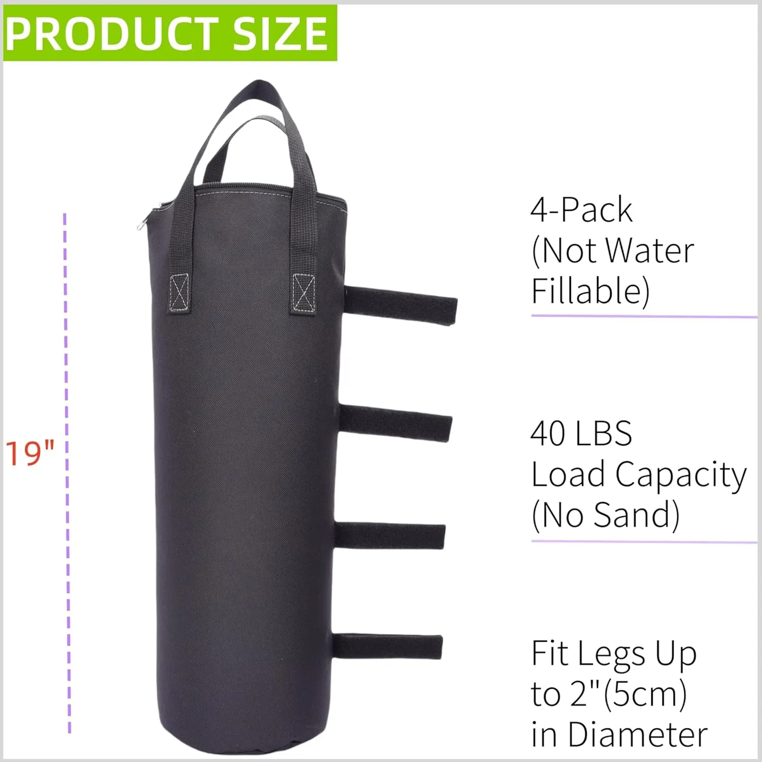 Zipper Top Sand Bags for Canopy Legs (Without Sand), Sandbags for Weight Set of 4 (Black, 160 LBS)